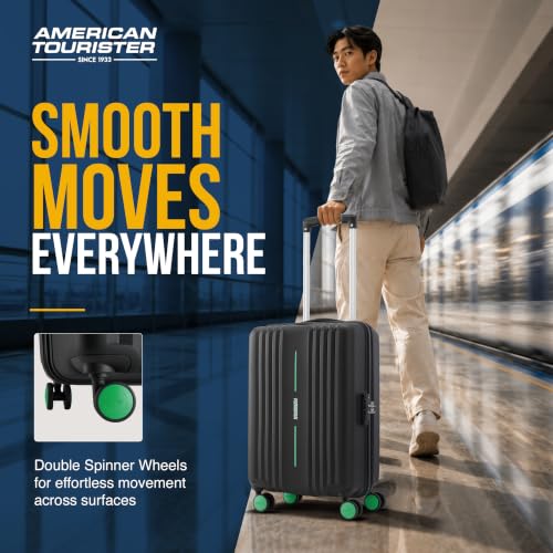 Image of American Tourister Cleva S | Cabin Trolley Bag (55 cm) | 360 8 Wheel Travel Luggage | 2 Compartments | Hard Luggage Polypropylene Suitcase | Mounted TSA Lock | 3 Years Warranty |Black & Aura Green