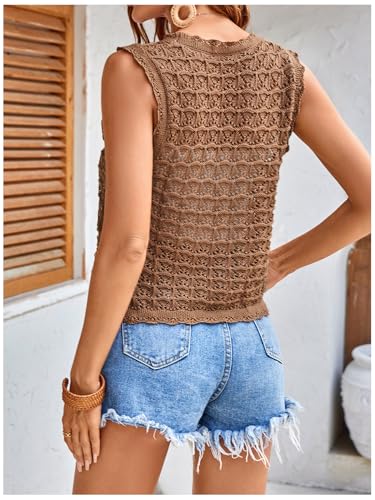 Image of SHENHE Women's Tie Front Sleeveless Sheer Knit Cardigan V Neck Crochet Sweater Vest Top