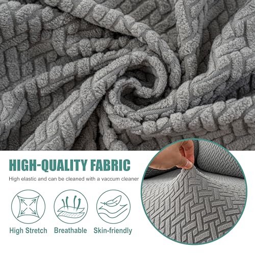 Image of Genina Recliner Loveseat Covers with Console, Stretch Reclining Sofa Covers, 2 Seater Couch Cushion Stripe Jacquard Recliner Slipcovers - Furniture Protector Covers for Pet Kid (Light Gray)
