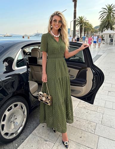 Image of ZESICA Women's 2026 Summer Short Sleeve Maxi Dress Casual V Neck Hollow Out Eyelet Ruffle Swing A Line Long Dresses
