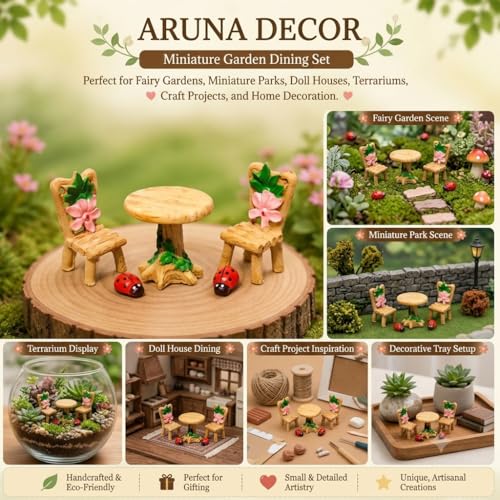 Image of Miniature Table Chair Set for Kids, Garden Decor, Doll House Accessories, Miniature Garden Decoration, 4cm (Brown Chair Table)