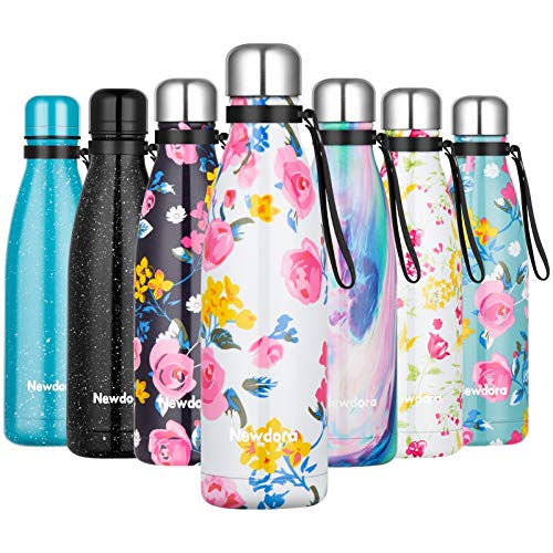 Newdora Botella de Agua Deportiva de Acero Inoxidable, Cantimplora Termo con Doble Aislamiento para 12 Horas de Bebida Caliente y 24 Horas de Bebida Fría, 500ML, Flores Blancas