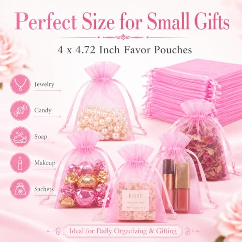 Image of Hopttreely 50 Pcs Pink Organza Bags 4x4.72 Inch, Sheer Mesh Gift Bags Bulk with Drawstring, Small Jewelry Candy Soap Makeup Sachet Pouches for Wedding Baby Shower Birthday Party Favors