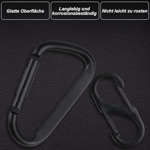 8 STK Karabinerhaken Set, Inkl 4 STK D-Clips Karabinerhaken & 4 STK S Karabiner Haken Aluminium, Metall Doppelkarabiner, Carabiner Schwarz für Camping Wandern Rucksack