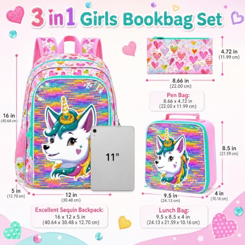 Image of 16 inch Fox Backpack for Girls, 3Pcs Sequin Bookbag Set for Kids, Elementary Preschool Preschool School Backpacks with Lunch Box (Pink)