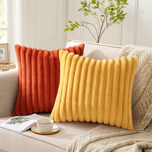 Image of Pallene Faux Fur Plush Throw Pillow Covers 24x24 Set of 2, Luxury Soft Fluffy Striped Decorative Pillow Covers for Sofa, Couch, Living Room, Mustard Yellow