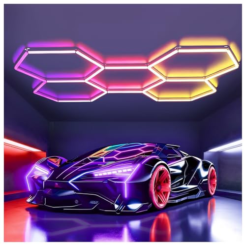 Iluminación LED RGB Hexagonal de 216W, superbrillante Regulable conectable para Garaje Techo con Control Remoto/aplicaciónsalas de Juegos, Fiestas y gimnasios, Salón de Belleza de automóviles (5 Hex)
