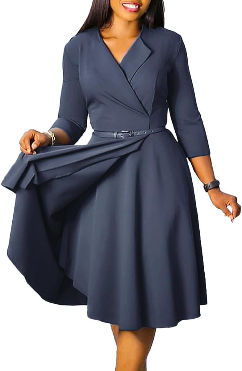 Elainone Women 3/4 Sleeve Casual Swing Flared A Line Dress Wedding Guest Semi Formal Office Work Dresses with Belt - Image 2