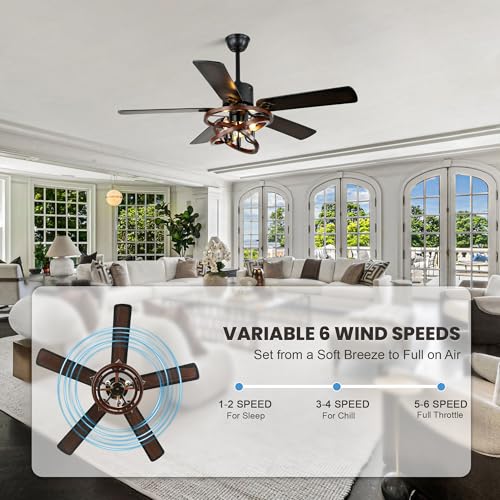 Image of Dawn Whisper 52 Inch Farmhouse Ceiling Fans with Lights Modern Black Rustic Chandeleir Ceiling Fan for Living Room Bedroom Reversible DC Motor 6 Speeds