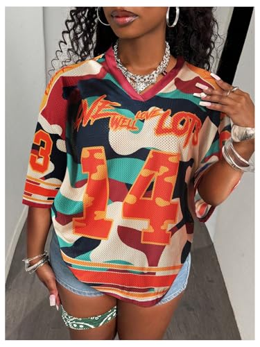 Image of RoseSeek Women's Jersey Shirts Number Graphic V Neck Football T Shirts Tops