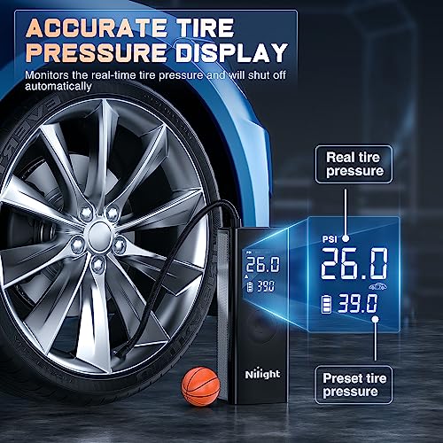 Image of Nilight Tire Inflator Portable Air Compressor Battery Powered Rechargeable 12VDC 150PSI Cordless Tire Pump w /Digital Pressure Gauge 2X Faster Inflation Air Pump for Car Motorcycle