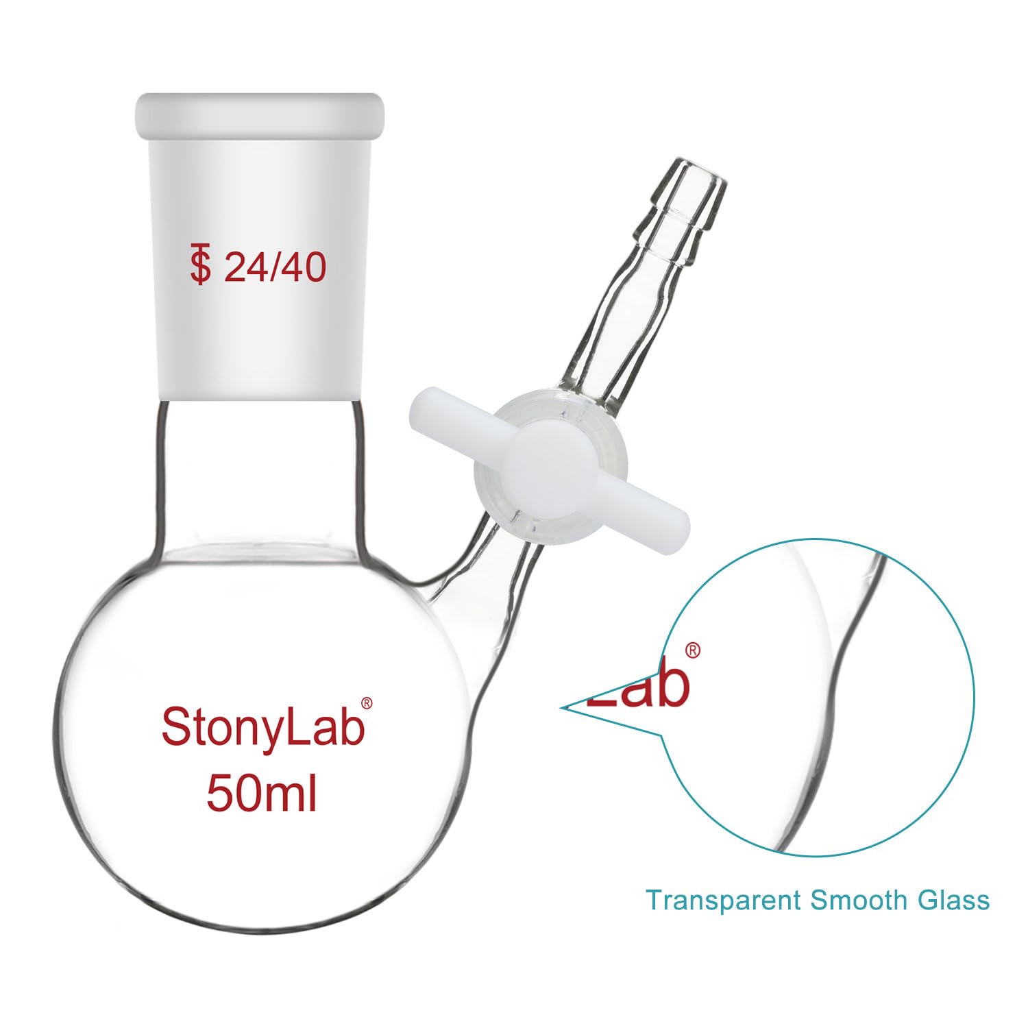stonylab Flacon de Réaction - Flacon de Réaction en Verre Borosilicaté à col Unique avec Joint 24/40 et Valve à Robinet en PTFE Flacon à Fond Rond, capacité de 50 ml