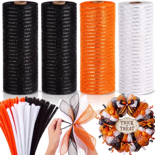 Juinte 4 Rolls Halloween Wreath Making Kit Deco Mesh Ribbon Crafts Supplies