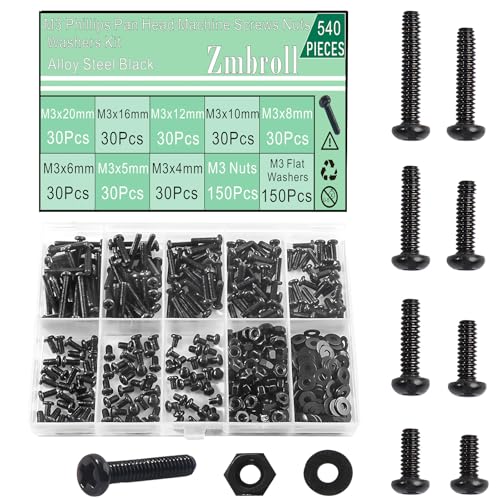 Zmbroll M3 機械ねじ アソートメントキット 540個 M3x4/5/6/8/10/12/16/20mm ブラックパンヘッドねじ 完全ねじ込み 炭素鋼機械ねじ プラスドライバーファスナーボルト 平ワッシャー ナットキット