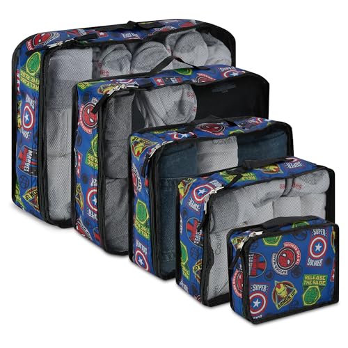 Marvel Comics 5-Piece Packing Cube Set - Spiderman, Ironman, Captain America - 5 Piece Packing Cubes Compression Travel Essential Accessories - Luggage Suitcase Organizer Set - For Kids, Adults