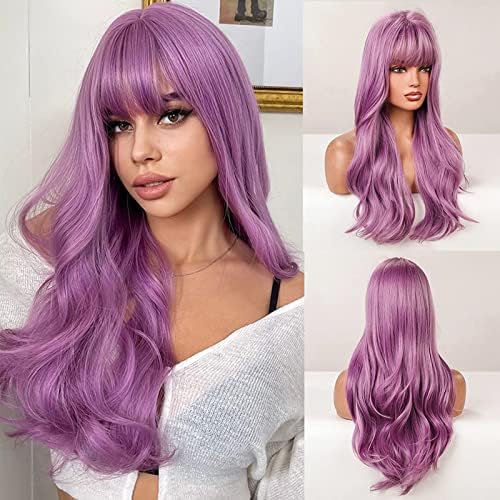 AISI QUEENS Purple Wigs for Women Long Purple Wig with Bangs purple wigs Purple Wavy Wigs Purple Synthetic Heat Resistant Wigs for Halloween Cosplay Daily Party Wig（26inch,Purple）