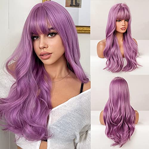 Aisi Queens Purple Wigs For Women Long Purple Wig With Bangs Purple Wigs Purple Wavy Wigs Purple Synthetic Heat Resistant Wigs For Halloween Cosplay Daily Party Wig（26Inch,Purple） #TOP2