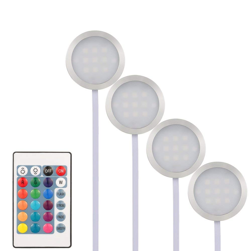 Lixada 4PCS Slim Round Shape RGB LED in Armadio Luce Kit SMD5050 Puck Lampada con Telecomando per Cucina Soggiorno