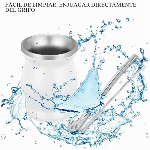 Miniatura 4 de Set Mate, Juego De Tazas De Acero Inoxidable De Doble Pared, 230ml, Con Pajita Y Cepillo De Limpieza, Taza Fácil De Limpiar, Para Amigos, Apto Para Cocina, Restaurante, Cafetería, Blanco