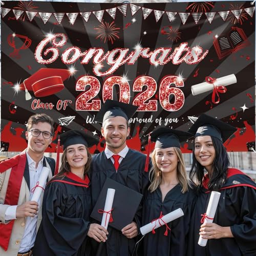 Image of Graduation Decorations, Large Graduation Banner, Red and Black Banner 2026, Congrats Grad Backdrop Sign, Class of 2026 Grad Party Decor for Commencement Indoor Outdoor Yard Wall Door Decor 180*110cm