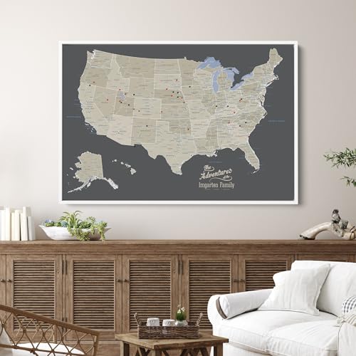 Image of United States Travel Map with Pins - Earth Tone USA Pinnable Map to Track Travels - Canvas Wall Art Gift for Travelers - White Float Frame - 24 inch x 36 inch