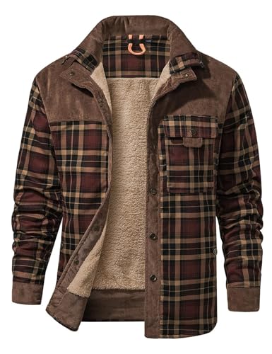 Image of Gihuo Men's Long Sleeve Sherpa Lined Shirts Outdoor Warm Flannel Plaid Jacket Button Down Fleece Coats