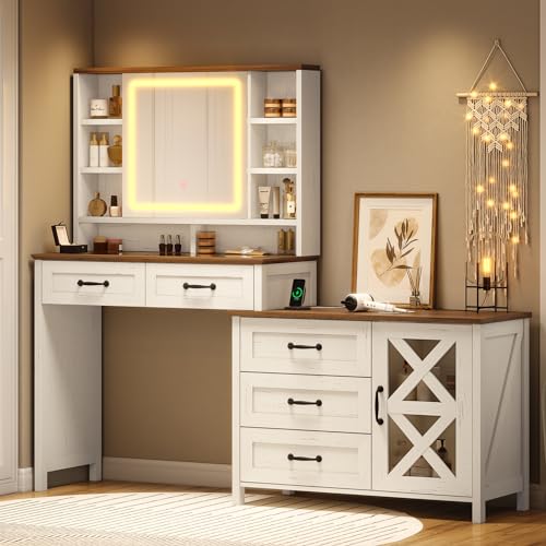 BTHFST Farmhouse Vanity with Glass Top & Charging Station, Vanity Desk with Touch Screen Mirror and Lights, Makeup Vanity with 5 Drawers & Shelves & Cabinet, Antique White