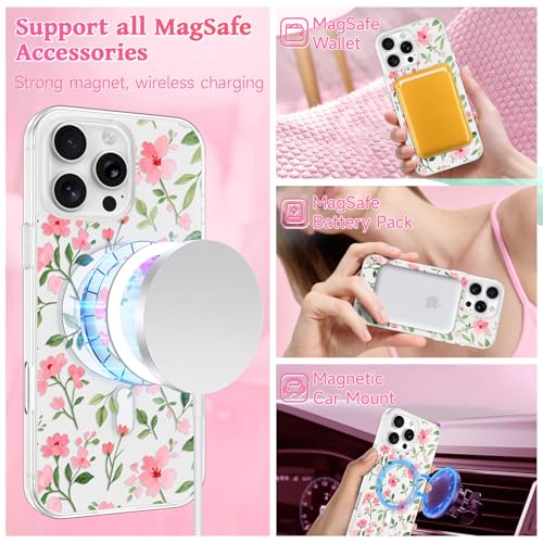 Coque iPhone 14 Pro fleur rose compatible Magsafe transparente et antichoc