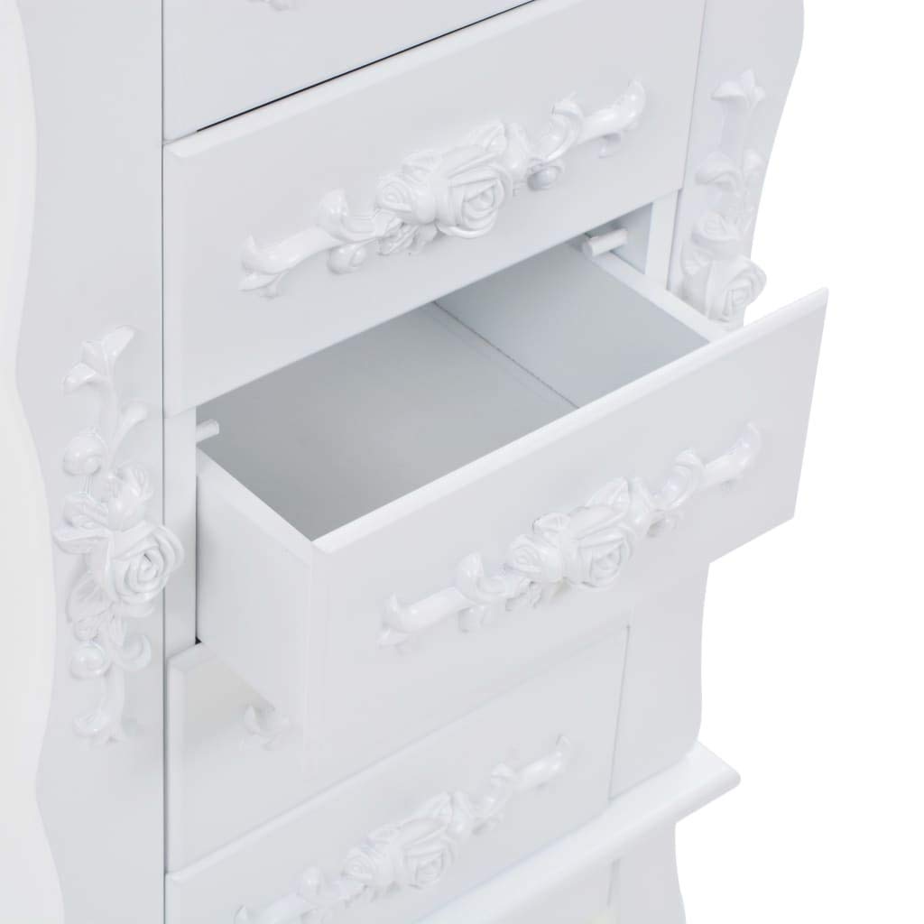 Wolnostojąca szafka na biżuterię, biała, 34 x 26 x 94 cm, płyta MDF i drewno sosnowe, elegancki mebel do salonu, sypialni, korytarza, wszechstronne przechowywanie biżuterii, akcesoriów
