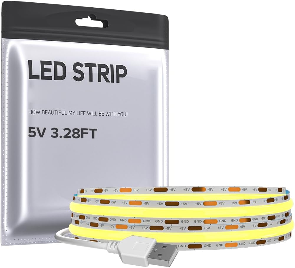 COB LED Strip Lights USB Powered DC5V 3.28FT 320LEDs White 2700K 8mm Width High CRI 90+ 5V 7W/m Flexible High Density for TV Backlight PC Bedroom Kitchen Home Decor