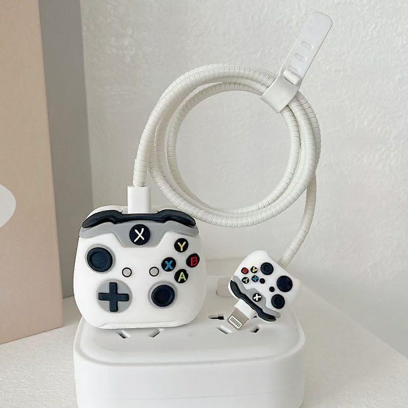 Image of Cartoon 3D Design Protective Case Compatible with Apple 18W - 20W USB-C Power Adapter Charger, Protective Cover for iPhone 18W & 20W Power Adapter Charger with Wire Saver. (X Box White)