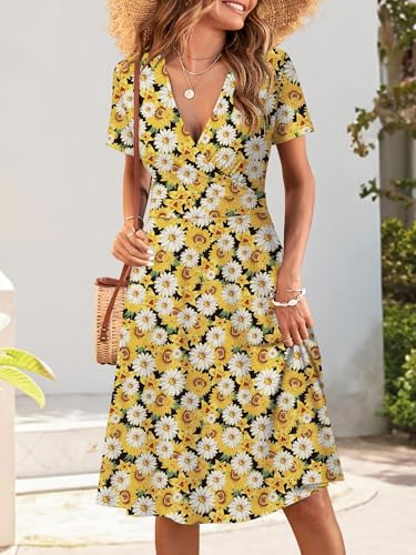 Image of MSBASIC Womens Summer Wrap V Neck Casual Dresses Floral Short Sleeve A-Line Midi Sundress