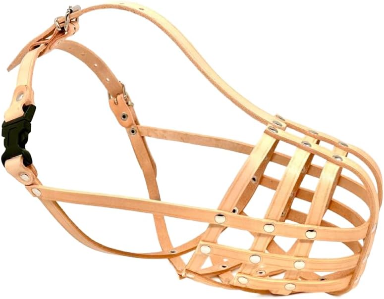 Genuine Leather Lightweight Dog Muzzle for Dogue De Bordeux and Bullmastif, fits Other Similar Sized Dog Breeds (DB3, Natural)