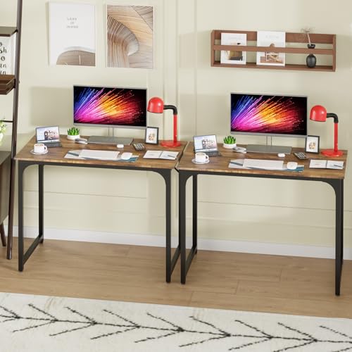 Image of PayLessHere | 39 Inch Computer Desk | Brown | Office Desk with Metal Frame, Adjustable Feet | Water-Resistant, Scratchproof Surface | Sturdy Writing Table for Home Office or Study | Pack of 2