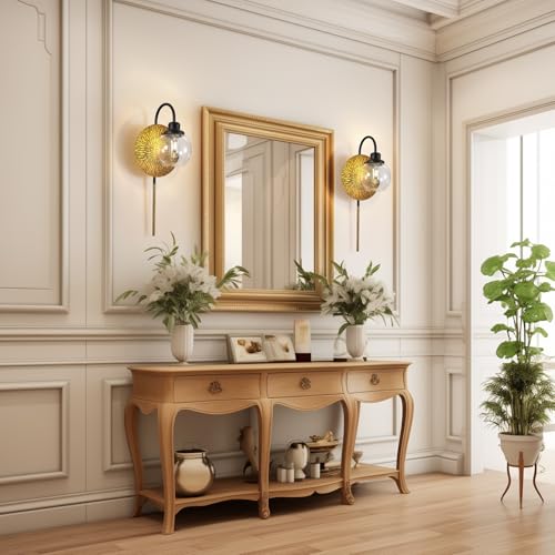 Image of Vintage Gold Wall Sconces,Modern Sconces Wall Lighting Decor with Globe Glass Shade for Bedroom Hallway Living Room Bathroom Vanity Light Fixture.
