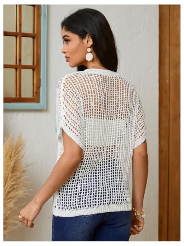 Image of BEAUDRM Women's Floral Crochet Tops Hollow Out Dolman Sleeve Applique Sweater Boho Summer Spring Top