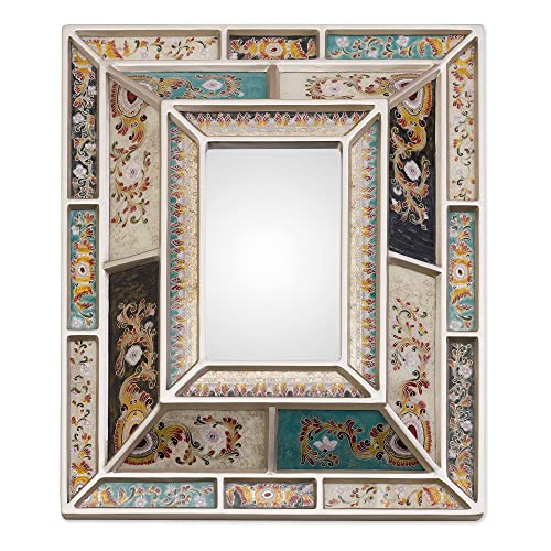 Novica Handmade Reversepainted Glass Wall Mirror Silvertone From Peru Multicolor Woodglass Decor Mirrors Floral Colonial 'Fantastic Floral' #TOP4