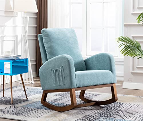 Image of Antetek Modern Accent Rocking Chair, Upholstered Nursery Glider Rocker for Baby and Kids, Comfy Armchair with Side Pocket, Living Room Lounge Arm Chair with High Backrest (Blue)