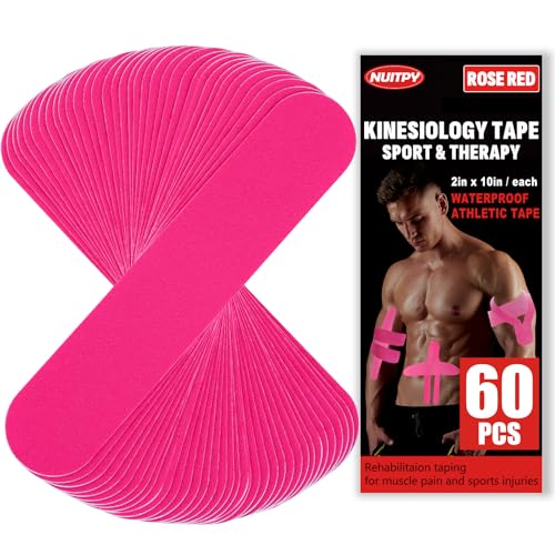 60PCS Precut Kinesiology Tape Strips, 2 inch x 10 inch Athletic Tape, Kinetic Tape, Elastic Muscle Tape, Sports Tape, Knee Tape for Exercise and Daily Use - Rose Red