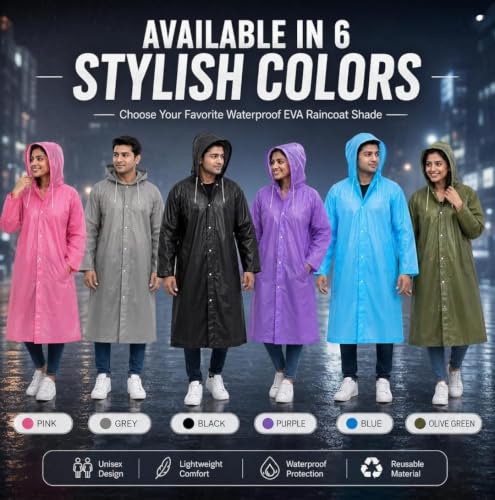 Image of RERANT Unisex Waterproof Long Raincoat with Hood and Pockets, Reusable Lightweight Rain Poncho Jacket for Men and Women, Multicolor