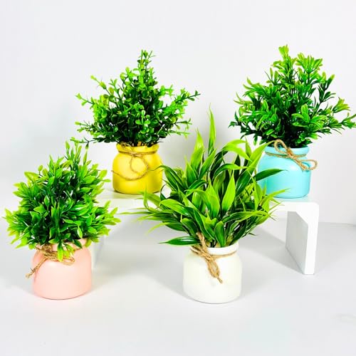 Image of Dekorly Artificial Pot Flowers Small Fake Plants with Pot Mini Potted Plants for House Office Tabletop Decoration Indoor (Pack of 4)
