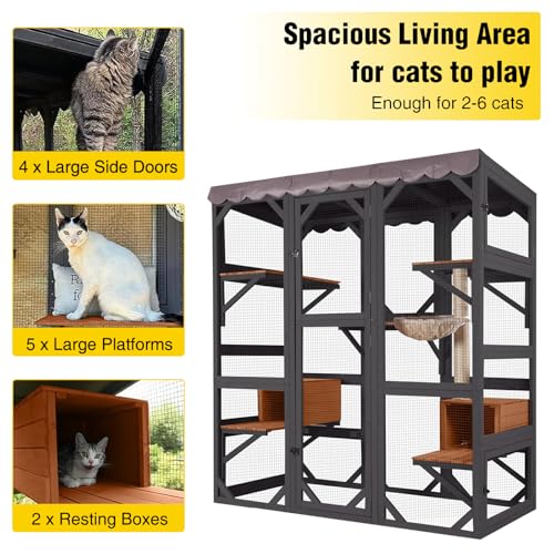 Image of Cat House Window Outdoor Catio Cat Enclosures with 7 Platforms, 2 Resting Boxes Large Kitty House with Weatherproof Tarp Roof, 62.6 inch L x 32.9 inch W x 70.1 inch H Brown