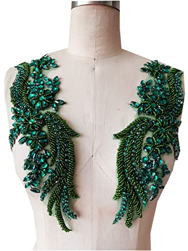 Wtbv.n Handsewing Rhinestones Beads Lace Applique For Dress Clothing Accessories Trim Patches One Pair (Deepgreen) #TOP1