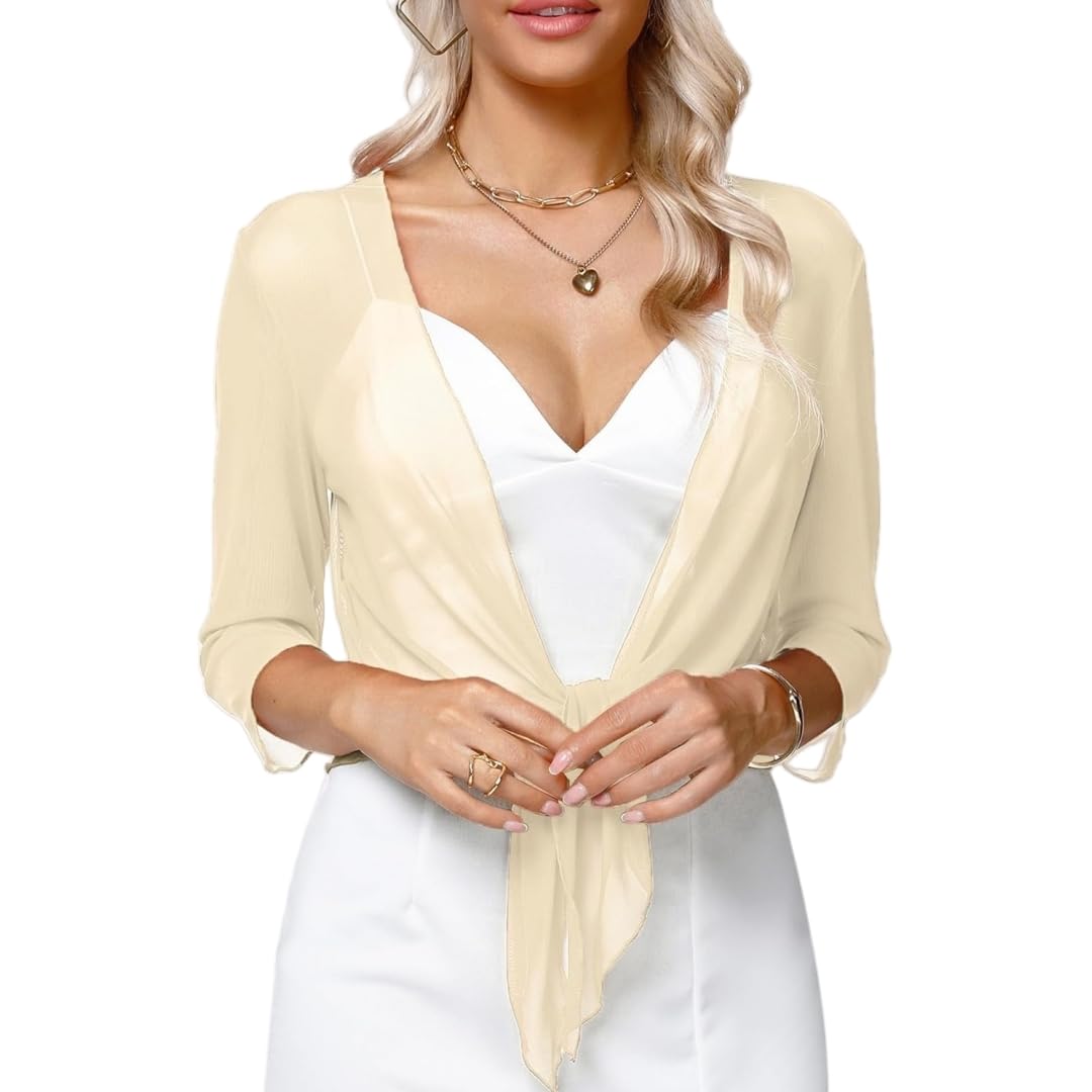 Wlldddiu Women's Beige Shrugs For Chiffon Sheer Shrug For Tie Front Cropped Cardigans Tops Lightweight 3/4 Sleeve See Through Bolero Jacket Summer Beach Cover Ups Beachwear S