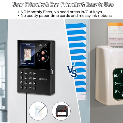 Image of KUIIYER 3 in 1 Employees Time Clocks for Small Business (Face + Palm Print + Password) Employee Clock in & Out Machine Biometric Attendance Punch Clock Recorder Tracker (No Monthly Fee)