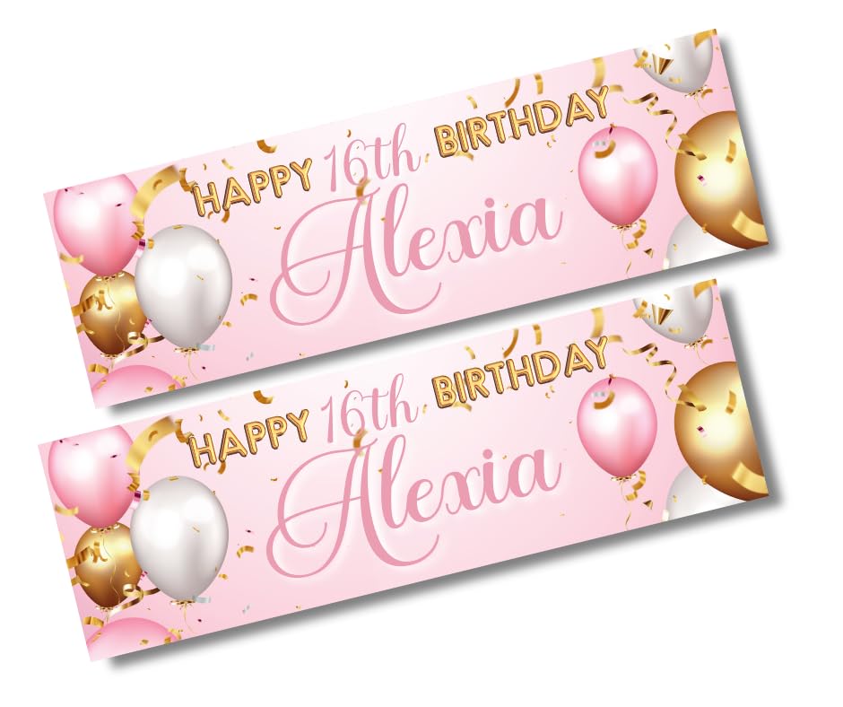 2 Pack Personalised Birthday Party Banners, Pink Gold Balloon Theme, Add Name & Age, 900x300mm