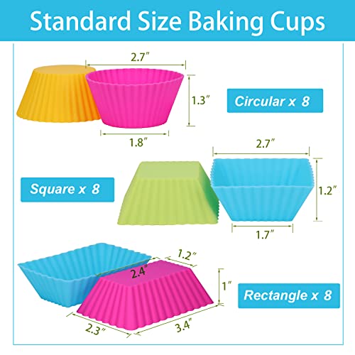 Image of 24Pack Silicone Muffin Cups, Reusable Cupcake Liners Molds for Baking, 3 Shapes Lunch Box Bento Dividers-Round, Square, and Rectangular (Colorsful, Regular Size)