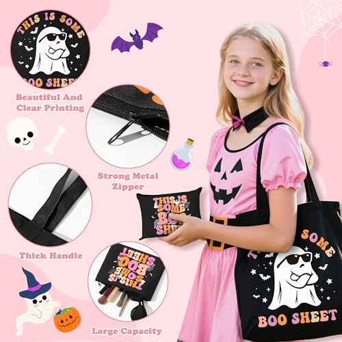 Halloween Ghost Canvas Bags - 3Pcs This Is Some Boo Sheet Funny Canvas Cosmetic Pouch Tote Bag Keychain, Reusable Grocery Fold Shopping Bag, Halloween Boo Basket Ghost Gift for Party Birthday3