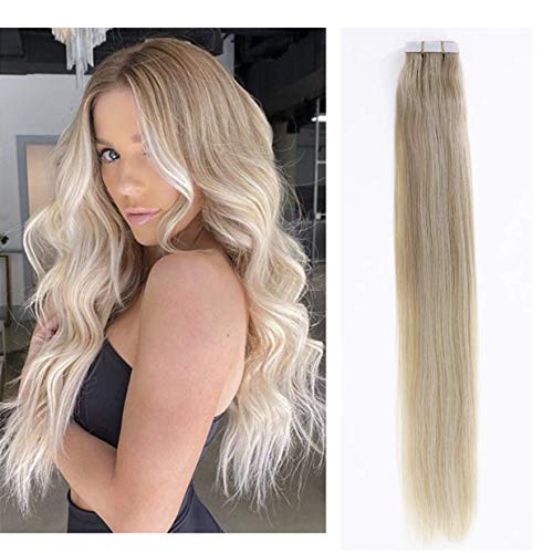 Anrosa yage Tape in Hair Extensions Human Hair Invisible Double Sided Real Remy Human Hair Skin Weft 50g 20pcs Platinum Ash Blonde with Dirty Blonde B18-613,20 Inch