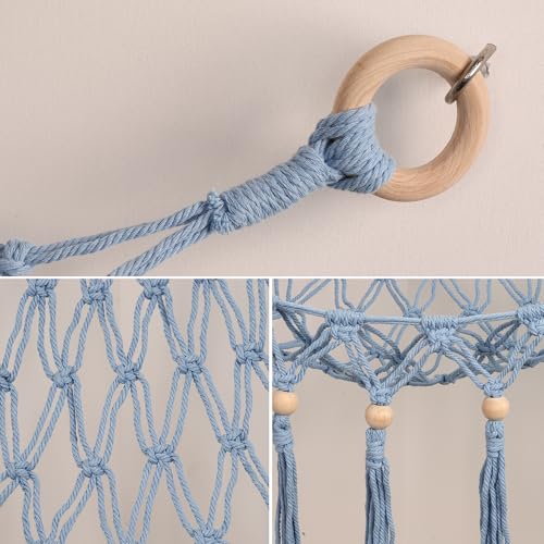 Image of Stuffed Animal Toy Storage Hammock with LED Light-Macrame Jumbo Doll Room Organizer Mesh Decoration-Hanging Storage Nets Kids Bedroom(Blue Beads)